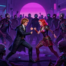 jaime lannister and brienne of tarth fighting against a horde of neon zombies, cyberpunk art by james gilleard, cgsociety, retrofuturism, synthwave, retrowave, outrun