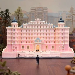 a photo of a stopmotion animation filming set of a film still of the grand budapest hotel