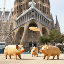 wooden piglets playing frisbee at sagrada familia in barcelona n - 9 h 6 4 0