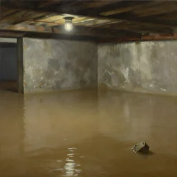 basement flooded with water, hyper realistic, oil on canvas, masterpiece painting, very detailed, by aivazovsky