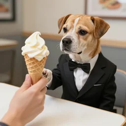 a dog in a suit buys someone an ice cream cone, cinestill 8 0 0 t