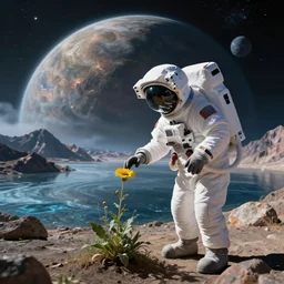 astronaut finding a flower on an alien planet with mountains, water, strange clouds., high resolution photo, 8 k