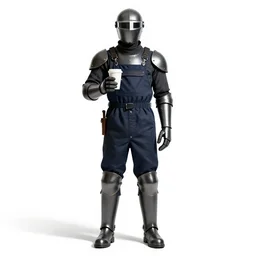 armored barista holding a coffee cup, photorealistic portrait photography, full body, standing, isolated on a pure white background, centered, whole figure in frame, sharp focus, studio lighting