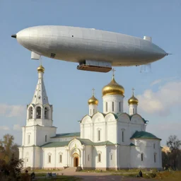 a large dieselpunk airship is standing in the air over a splendid white church in russia, full morning sun, matte painting by greg rutkowski, craig mullins, ilya repin