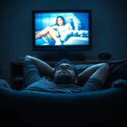 a sleepy man lying on couch front of tv, depressed, vibrant, life changing, dramatic, digital art, ultra sharp, extreme details