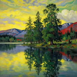 escher painting of a lake, big trees reflecting on lake surface, mountains at background, fluffy clouds, sunset, yellow, green, red, snowy, ultra sharp, ultra detailed, horror emotion, colorized by salvador