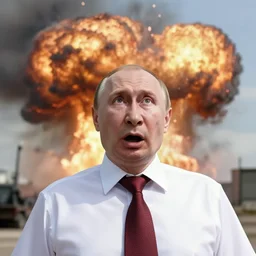 vladimir putin realistic, details, freaked out, with open mouth scared, big explosion behind, looking up to sky, air strike explosion nearby, by donato giancola and greg rutkowski and wayne barlow and zdzisław beksinski, what airdefense doing, digital art