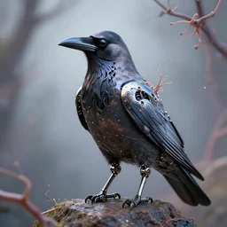 a raven bird robot growing neurons all across its shiny metal shell, romanticism portrait