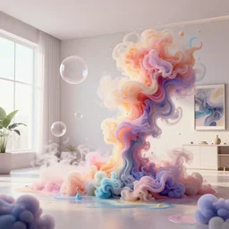 a photo of a modern indoor room full of insane detailed colorfull smoke, clean architecture, pictures in the wall, flying soap boubles, pastel colored, intricate detailed 3 d render, hyper realistic intricate acrilic fluid art, intense colors, wide shot, octane render, concept art, daylight, peaceful, 8 k