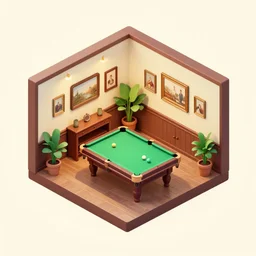 isometric indoor vintage billiards room in a cubic room with victorian pictures on walls and potted plants