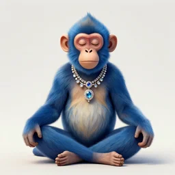 a meditating, blue monkey wearing jewelery by jeremy fish.