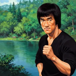high detail sharp anime gouache background  , forest panorama with lake  by bruce lee