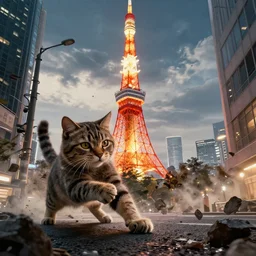 cat attacking Tokyo, disaster movie poster, masterpiece, masterwork, artstation, cgstudio