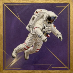 textured art deco painting of astronaut, flying from bottom left to top right, muted, geometric, gold and deep purple background with lightning bolt