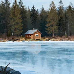Small cabin in the woods, next to an icy lake, digital art, illustration, high quality