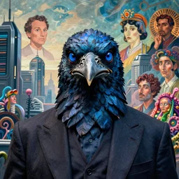 realistic detailed portrait movie shot of a birdman wearing a dark blazer, sci fi city landscape background by denis villeneuve, amano, yves tanguy, alphonse mucha, ernst haeckel, max ernst, roger dean, masterpiece, rich moody colours, dog teeth, blue eyes