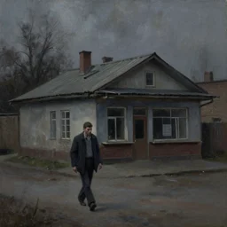 dark oil realistic painting a gaunt man walks alone to a pub in a soviet suburb