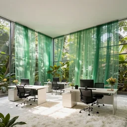 vitra desks and chairs in the interior of a simple corporate office architecture with tall white offered ceiling in the sunny tropical forest made of glass and green gauze cloth, flowers, dappled light and wool white carpet in the foreground, thomas sanchez style