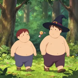 two fat german kids walking through the woods getting lured by a witch offering candy, anime film still from the an anime directed by katsuhiro otomo with art direction by salvador dali, wide lens