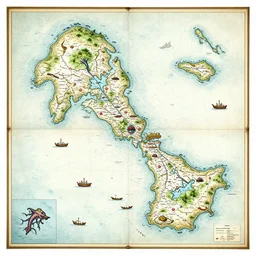 an ancient mariner's map that shows islands, sea monsters, ships, and treasure