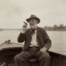Riverboat Captain smoking a cigar and smiling happily. The Mississippi is beautiful in the evening. Matthew Brady photo, 1875, vintage, Americana, award winning, Pulitzer Prize.