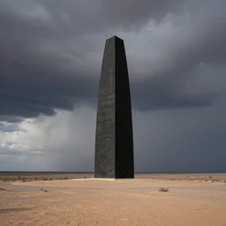 a long shot national geographic photograph by carr clifton depicting a huge black monolithic memorial towering above the ground in an arid desert landscape with roiling storm clouds