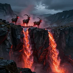 satanic mountain goats with glowing red eyes on a sheer obsidian cliffside with lavaflow, lava waterfalls, photorealistic landscape render, octane render, vray, beautiful, ambient occlusion, particle effects, light bloom, rtx