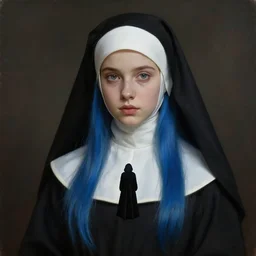 portrait painting ofa seventeen - year - old nun with a delicate face, a small figure, long blue hair, dressed in a black nun's dress unreal render cinematic lighting art 1 9 2 0 period drama by bussiere rutkowski andreas rocha
