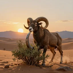 ram stuck to a bush by it's horns, caught with its horn in a bush. Desert mountain background. Sunrise. digital painting, concept art, highly detailed, promotional art, HD, digital painting, trending on ArtStation, golden ratio, rule of thirds