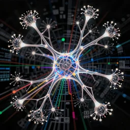 black background detailed complex neural network with bright neutrons and glowing synapses different colored pathways labeled data markers matrix depth of field