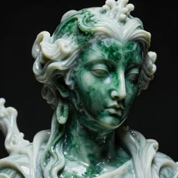 a dark baroque close - up portrait of a deep green and white porcelain being made out of white liquid sci - fi vitrified translucent ceramic marble ; china. reflective detailed textures. gloomy black background. highly detailed fantasy science fiction painting by moebius, norman rockwell, frank frazetta, and syd mead. rich colors, high contrast. artstation
