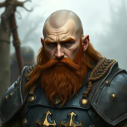 a ginger bearded young dwarf warrior, ( strong nose, and brow ) black plate armor with bronze trims, ( ( trimmed beard and half shaved head ) ), head and torso portrait by craig mullins and greg rutkowski