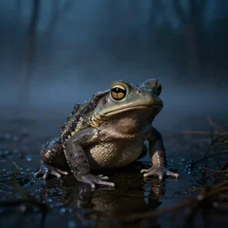a portrait of an amphibian swamp monster in a foggy bog at night, cinematic, wildlife photography, 4 k, moody lighting, volumetric light