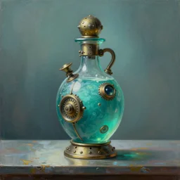a painting of a steampunk mechanical vintage aquamarine colored potion bottle on counter, by h. r. giger, hyperrealistic fantasy art, concept matte, ethereal, dreamy, digital art, trending on artstation, volumetric cinematic lighting