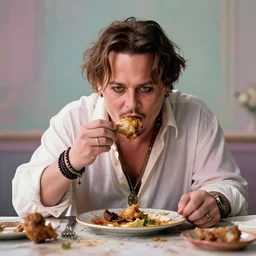 ( hyperrealistic portrait of fat johnny depp eating chicken, on a filthy table filled with dirty plates ) by noah bradley, photorealistic, dynamic lighting, very detailed faces, trending on artstation, wallpaper, dream, 4 k, award winning, lovely pastel colors, ethereal, elegant