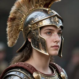 close - up portrait athenian warrior with helmet and armor, art by sarah moon
