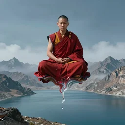 abstract illustration of a tibetan monk in lotus position flying over himalaya mountains lake in weightlessness in traditional red cloth with liquid glsl shader deformations in processing, small foggy and blue gloomy, highly detailed, photorealistic, abstract science fiction illustration by salvador dali, jeremy geddes