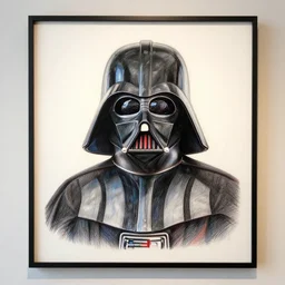 colored pencil drawing of darth vader, wide shot of a portrait hanging on the wall in the louvre