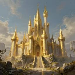 The Sci-Fi golden castle in a stone landscape, wallpaper ,d&d art, fantasy, painted, 4k, high detail, sharp focus