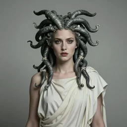 portrait of anne curtis as medusa looking for camera wearing greek chiton, fantastically eerie, desaturated colors, pen and ink, intricate line drawings, by craig mullins, ruan jia, kentaro miura, greg rutkowski, loundraw