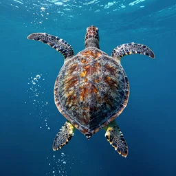 sea turtle beneath the ocean waves, rhads, digital art, bubbles, top down view
