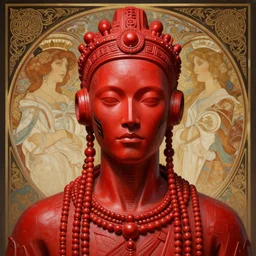 red statue!! portrait of a cyberpunk machine, machine face, upper half portrait, decorated with beads, african man, traditional chinese art, intricate, elegant, highly detailed, headpiece, digital painting, artstation, concept art, smooth, sharp focus, illustration, art by artgerm and greg rutkowski and alphonse mucha, 8 k