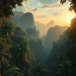 an award winning digital artwork of a lush prehistoric jungle chasm dissolving into paradise in the background, stunning, washed out colors, serenity, professional, master level composition, volumetric lighting, haze, sunset, photorealistic
