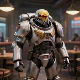 high quality portrait of a starcraft marine in a cyberpunk cyberpunk cyberpunk cafe, realism, 8k, award winning photo