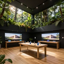 A flagship Samsung store with an internal tropcal rain forest. black walls. timber floor. high ceilings with spots. the warm sun shines through large windows illuminating an internal forest. beautiful modern wood furniture with phones and tablets, large digital screens with videos on the walls, Architectural photography. 14mm. High Res 8K. award winning architectural design, Minimalist, High-tech environment, warm and happy, clean shapes, inviting, environment friendly, so many plants, overgrown