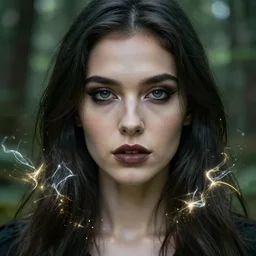 double exposure effect, glowing silver and golden elements, full close-up portrait, realistic female model from shutterstock as a dark witch, book cover, green forest, white moon, red lips, establishing shot, extremly high detail, photo-realistic, cinematic lighting, pen and ink, intricate line drawings, by Yoshitaka Amano, Ruan Jia, Kentaro Miura, Artgerm, post processed, concept art, artstation, matte painting, style by eddie mendoza, raphael lacoste, alex ross