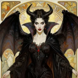 close up painting a beautiful vampire queen in gothic robes with bat wings, by nekro, peter mohrbacher, alphonse mucha, brian froud, yoshitaka amano, kim keever, victo ngai, james jean