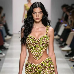 olivia wearing an outfit made from pistachios, at new york fashion week, lush black hair, freckles, slim curvy physique, pale skin, portrait by greg rutkowski, stage lighting, soft colors, female beauty, intricate detail, risque fashion, elegance, 3 5 mm, depth of field, masterpiece