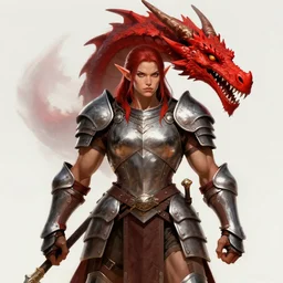 muscular halfling woman warrior, with a full set of plate armor, wearing an enormous red dragon head, digital art, by clyde cadwell, portrait, strong lighting, heroic pose