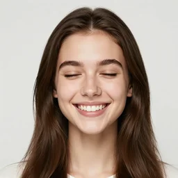 a beautiful girl from minnesota, brunette, joyfully smiling at the camera with her eyes closed. thinner face, irish genes, dark chocolate hair, colour, wearing university of minneapolis coat, perfect nose, morning hour, plane light, portrait, minneapolis as background.